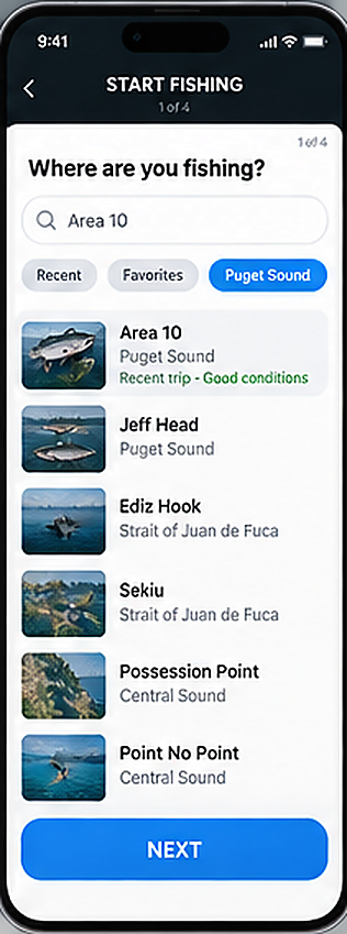 BiteVector Start Fishing screen